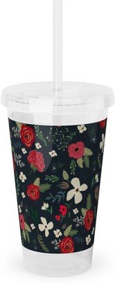 Travel Mugs: Fancy Winter - Navy Background Acrylic Tumbler With Straw, 16Oz, Black