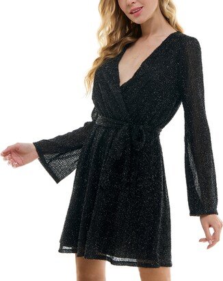 Juniors' Surplice-Neck Faux-Wrap Fit & Flare Glitter Dress