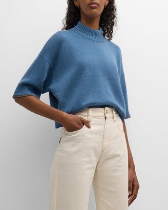 Mock-Neck Elbow-Sleeve Monili-Cuff Cashmere Crop Sweater