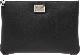 Black Clutch With Logo Plaque In Hammered Leather Man-AA