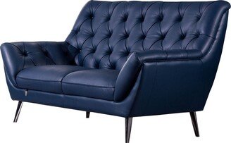 Contemporary Button Tufted Leather Loveseat with Metal Legs, Navy Blue