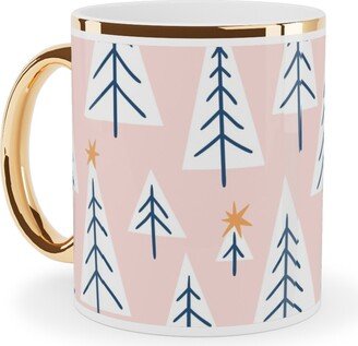 Mugs: Christmas Forest On Pink Ceramic Mug, Gold Handle, 11Oz, Pink