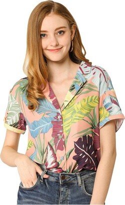 Allegra K Women's Hawaiian Floral Leaves Printed Short Sleeve Button Down Vintage Beach Shirt Pink X-Large