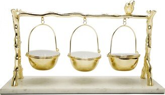 3 Hanging Bowls on Branch and Bird Stand with Marble Base