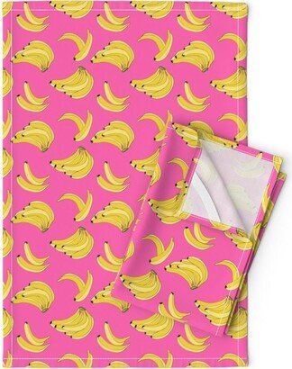 Neon Pink Bananas Tea Towels | Set Of 2 - Banana Toss By Pattern Talent Yellow Bright Fun Fruit Linen Cotton Spoonflower