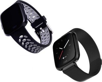 WITHit Black Stainless Steel Mesh Band, Black and Gray Premium Sport Silicone Band Set, 2 Piece Compatible with the Fitbit Versa and Fitbit Versa 2