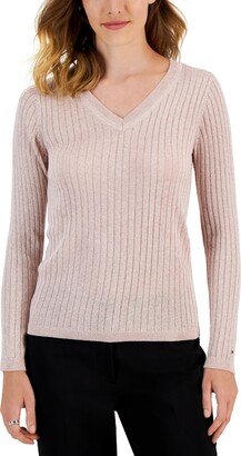 Women's Metallic-Knit Ribbed V-Neck Sweater - Ballerina Pink/gold Lurex