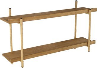 36 Inch Modern Wood Two Tier Shelf, Rattan Braiding, Brown, Gold