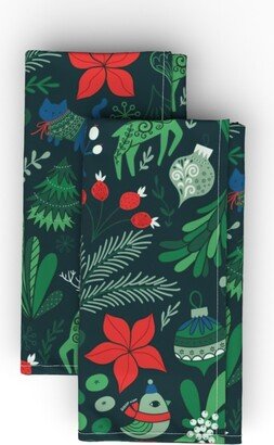 Cloth Napkins: Merry Christmas Botanical - Red & Green Cloth Napkin, Longleaf Sateen Grand, Green