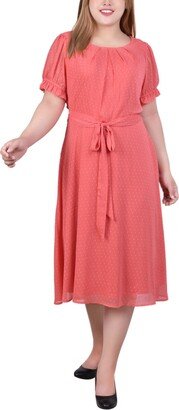 Plus Size Short Sleeve Belted Swiss Dot Dress