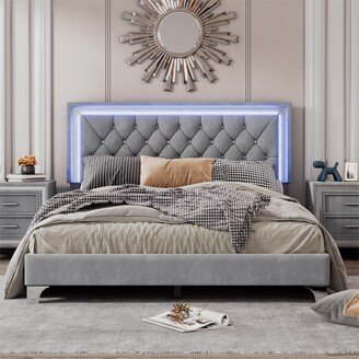 Queen Size Upholstered Bed Frame with LED Lights,Modern Velvet Platform Bed with Crystal Tufted Headboard,Pink