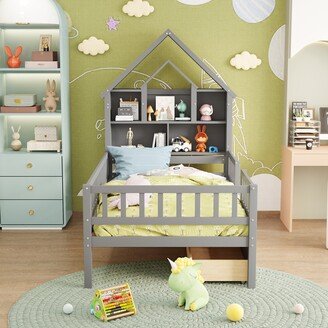 Twin Size House-Shaped Headboard Bed with Fence Guardrails,Drawers