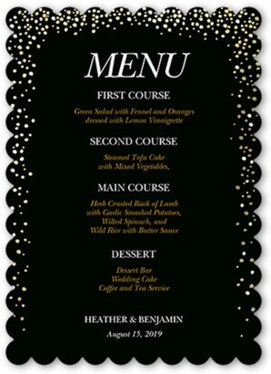 Wedding Menu Cards: Sparkling Romance Wedding Menu, Black, 5X7 Flat Menu, Pearl Shimmer Cardstock, Scallop