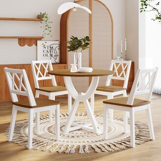 Aoolive Mid-Century 5-Piece Round Dining Table Set with Trestle Legs and 4 Cross Back Dining Chairs