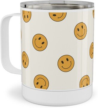 Travel Mugs: Retro Smiley Face - Cream And Yellow Stainless Steel Mug, 10Oz, Yellow