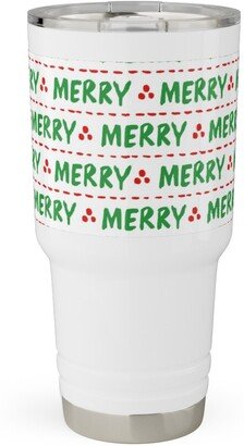 Travel Mugs: Hand Lettered Merry Travel Tumbler, 30Oz, Green