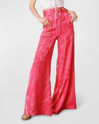 Ana Metallic Marble Silk Jacquard Wide-Leg Pants