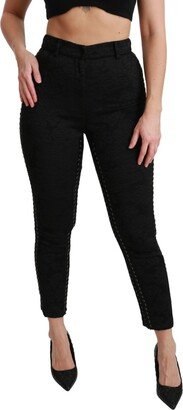 Black Brocade Skinny High Waist Women's Pants