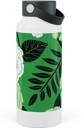 Photo Water Bottles: Green, Black & White Floral Pattern Stainless Steel Wide Mouth Water Bottle, 30Oz, Wide Mouth, Green