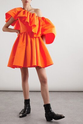 One-shoulder Ruffled Twill Mini Dress - Orange