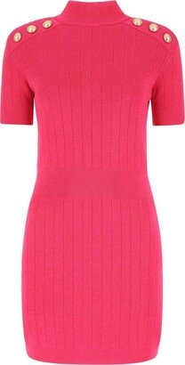 Mock Neck Button-Embellished Ribbed Mini Dress