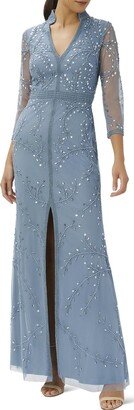 Petites Womens Beaded Embellished Evening Dress