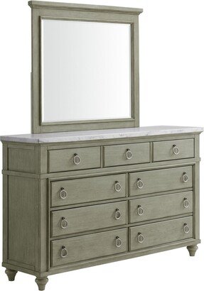 Kendari 9-Drawer Dresser & Mirror with White Marble Top in Grey