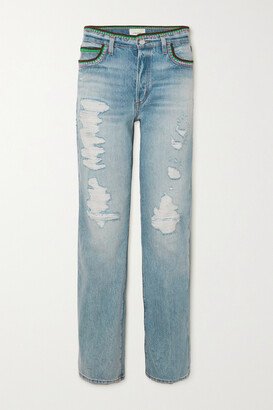 Julia Sarr-jamois Crochet-trimmed Distressed Low-rise Boyfriend Jeans - Blue