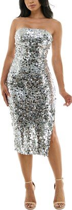 Juniors' Strapless Sequinned Bodycon Midi Dress - Silver/Silver