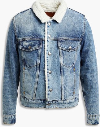 Faux shearling-lined distressed denim jacket