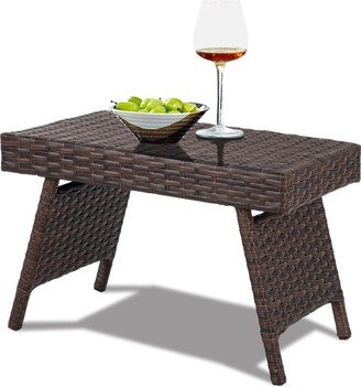 Folding PE Rattan Side Coffee Table Patio Garden Furniture