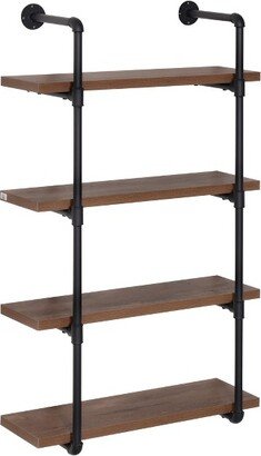 HOMCOM 4-Tier Industrial Pipe Shelves Floating Wall Mounted Bookshelf, Metal Frame Display Rack, 1.25 Thickness Shelving Unit Kitchen, Bar, Brown