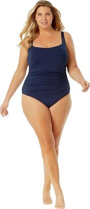 Plus Size Square Neck Shirred Bandeau One-Piece (Navy) Women's Swimsuits One Piece