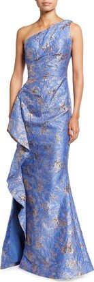 Metallic Jacquard One-Shoulder Side-Ruffle Gown