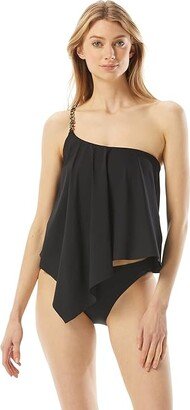 Signature Solids Logo Chain One Shoulder Tankini Top (Black) Women's Swimwear