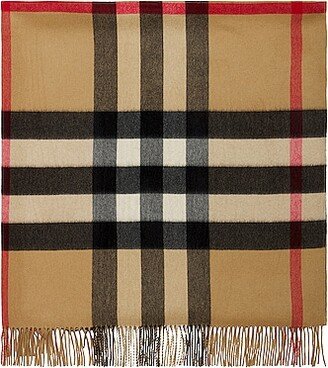 Half Mega Check Solid Cashmere Blanket in Beige