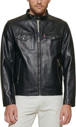 Faux Leather Trucker Racer Jacket (Black) Men's Clothing