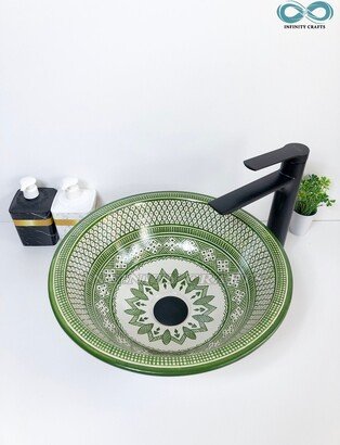 Green & White Ceramic Sink, Washbasin 100% Handmade Moroccan, Vessel Sink For Bathroom Guest Bathroom