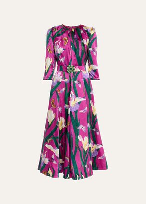 Floral-Print Gathered Belted Midi Dress