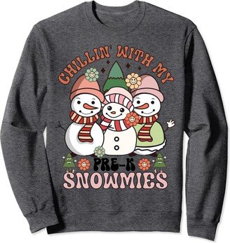 Merry Christmas Cute Snowmies Outfit For Teacher Retro Groovy Chillin With My Pre-K Snowmies Teacher Xmas Sweatshirt