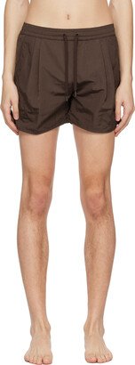 Brown Pleated Swim Shorts