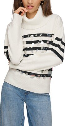 Women's Sequin Embellished Striped Turtleneck Sweater - Soft White/ Black