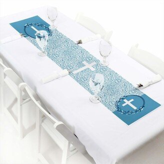 Big Dot of Happiness Blue Elegant Cross - Petite Boy Religious Party Paper Table Runner - 12 x 60 inches