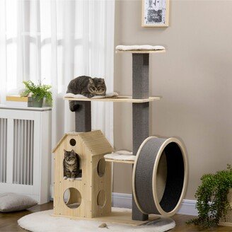 53 Modern Cat Tree with Scratching Posts & Wheel, Small Cat Tree with Double-Layer Cushioned House, Small Cat Tower for Indoor Cat Furniture,