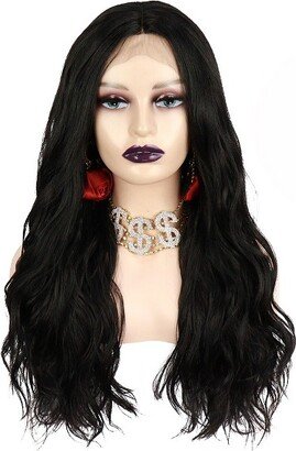 Unique Bargains Long Body Wave Lace Front Wigs for Women with Wig Cap 24 Black Synthetic Fibre 1PC