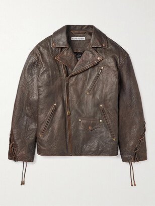 Braid-Trimmed Textured-Leather Biker Jacket