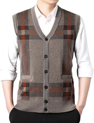 Dninmim Men's V-Neck Lattice Knitted Sweater Vest Autumn Winter Casual Cardigan Tank Tops Khaki Asian 2XL(78-85kg)