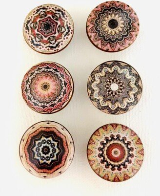 Handcrafted Boho Mandala Decorative Round 1-1/2 Wood Knobs