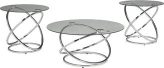 Contemporary Glass Top Table Set with Metal Rings Base, Clear and Silver