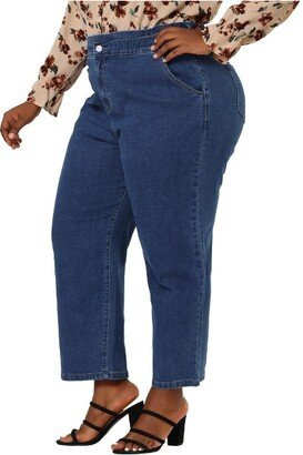 Agnes Orinda Women's Plus Size Elastic Waist Pant Pockets Zip Up Button Fly Denim Jeans Blue 2X